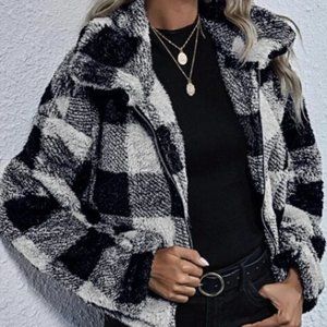 Plaid Print Zip Up Drop Shoulder Teddy Jacket